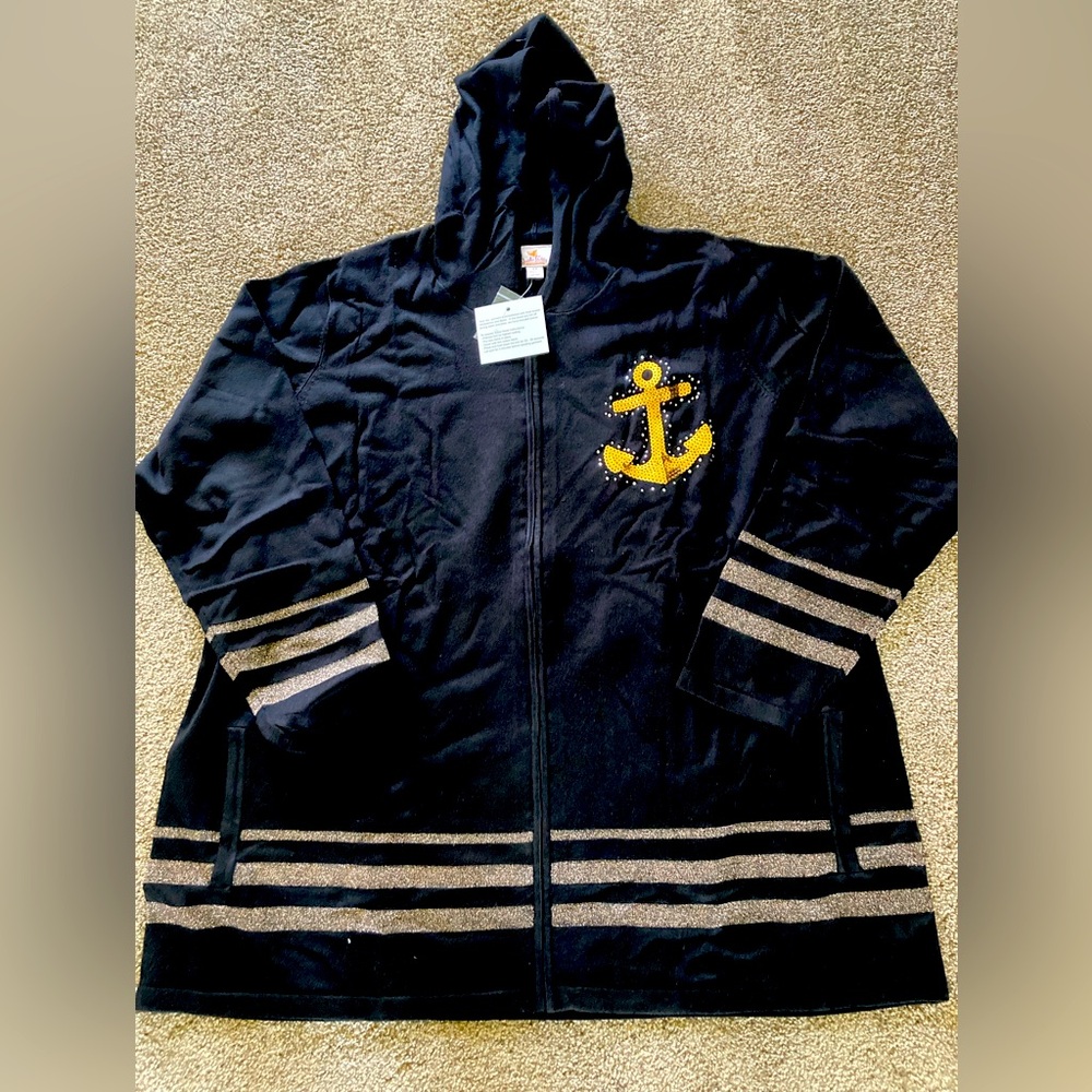 Quacker Factory Cardigan 2X Black Sequin Anchor Knit Zip Front Hood Pockets NWT